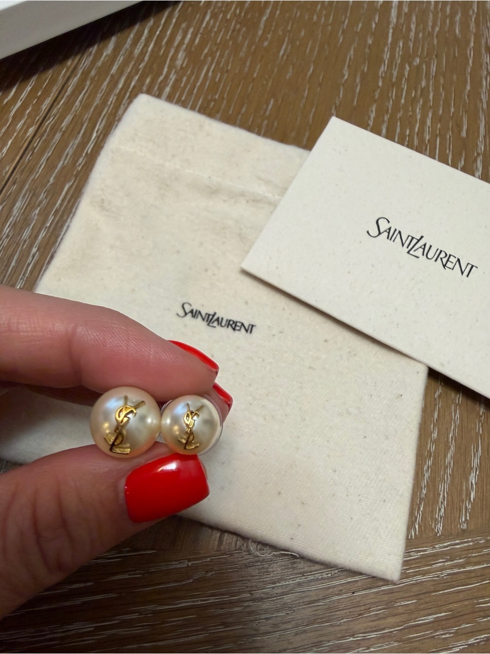 Authentic Yves Saint Laurent Gold and Pearl Logo Button Earrings